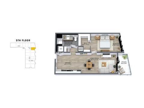 Floor plan for 1 bed, 1 bath, 821 sqft